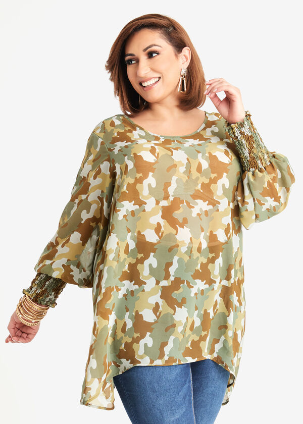Camo Smocked Cuff Blouse, Deep Depths image number 0