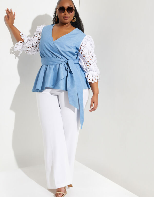 Lace Sleeved Chambray Top, Denim image number 0