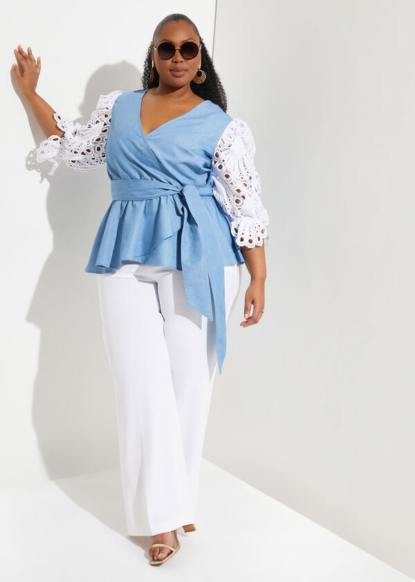 Lace Sleeved Chambray Top, Denim image number 0