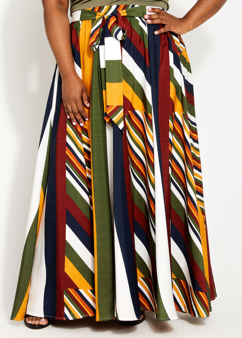 Belted Mix Stripe Print Maxi Skirt, Olive image number 0