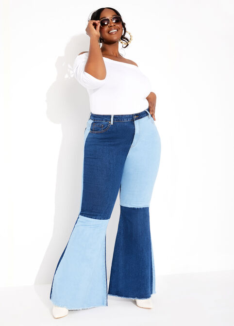 Plus Size Curvy Girl Jeans Plus Size Patchwork Flare Jeans Hi Rise Jeans image number 0