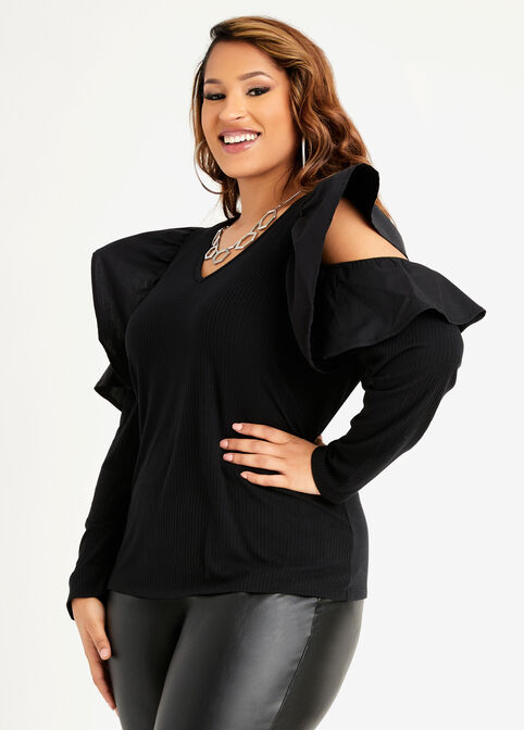 Plus Size Rib Knit Cold Shoulder Cute Ruffle Sexy Cutout Fitted Top image number 0