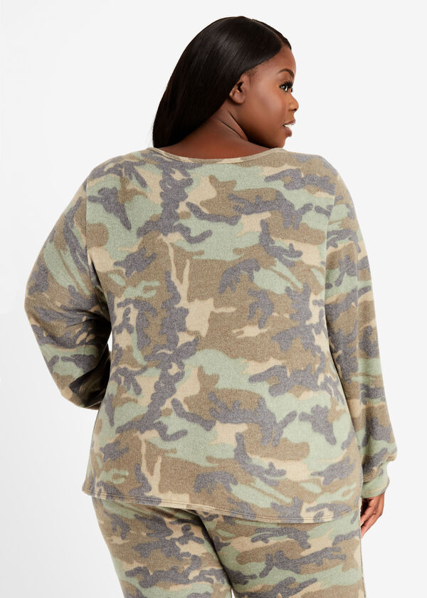 Cozy Lounge Print Twist Front Top, Olive image number 1
