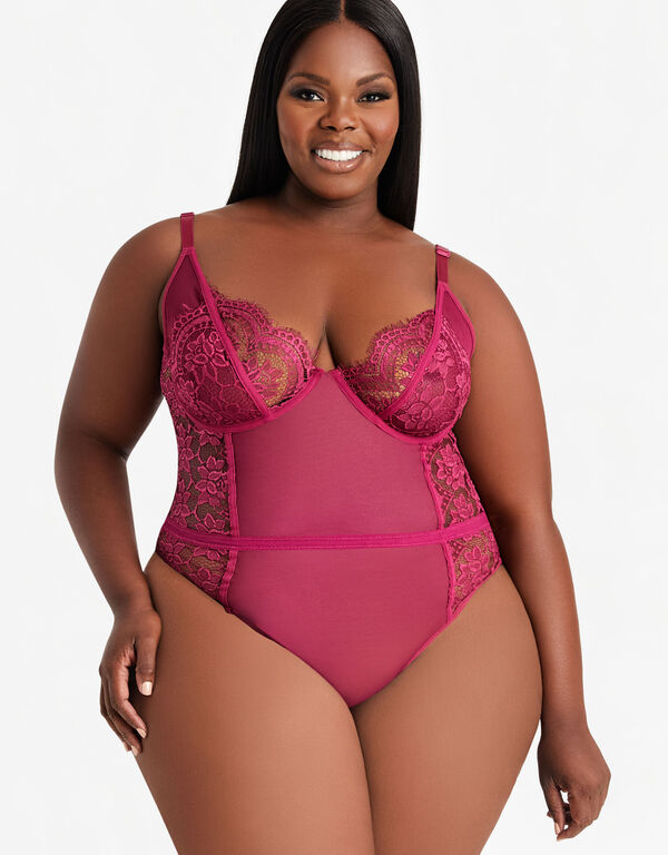 Lace Paneled Mesh Bodysuit, Raspberry Radiance image number 0