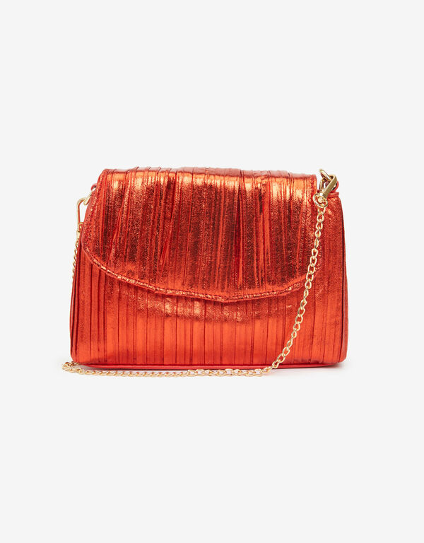 Pleated Metallic Faux Leather Clutch, Barbados Cherry image number 0