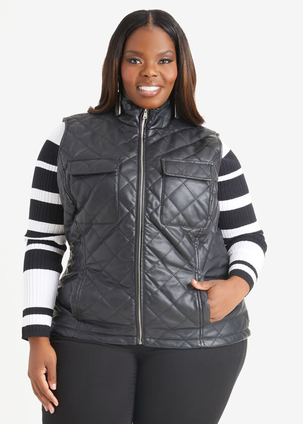 Quilted Faux Leather Vest, Black image number 2