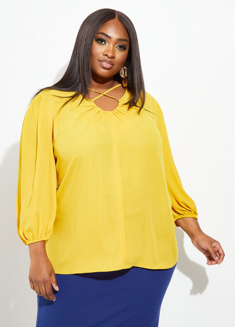 Tall Lattice Trimmed Blouse, Nugget Gold image number 0