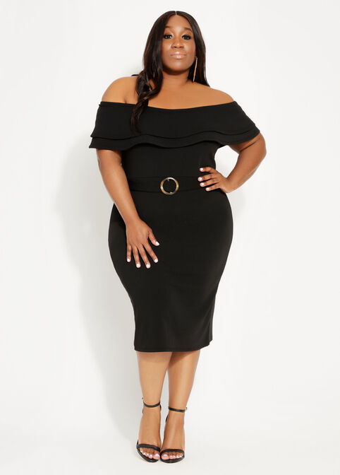 Plus Size Off The Shoulder Tiered Flounce Belted Bodycon Summer Dress image number 0