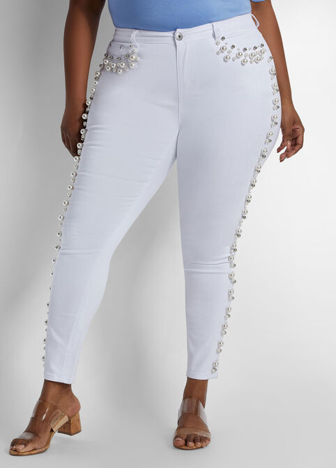 Pearl Embellished Skinny Jean, White image number 0
