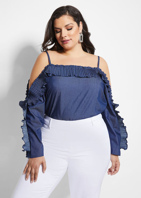 Plus Size Edgy Pleated Ruffled Denim Cold Shoulder Long Sleeve Tops
