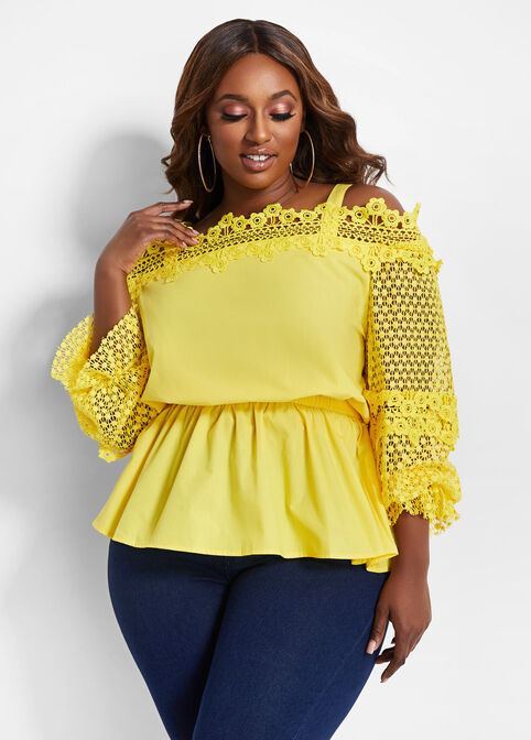 Plus Size Crochet Peasant Sleeve Cold Shoulder Peplum Party Tops image number 0