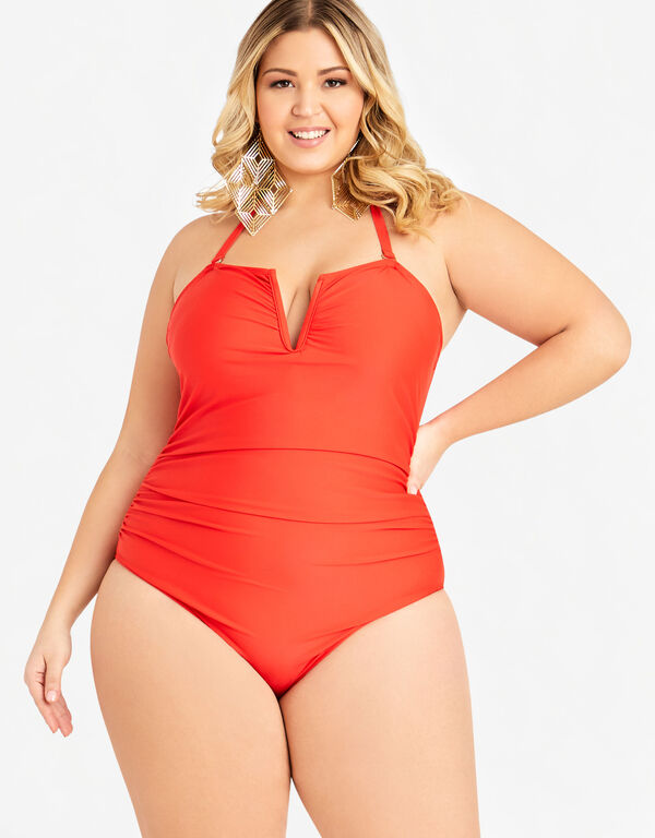 Nicole Miller Ruched 1PC Swimsuit, Red image number 0