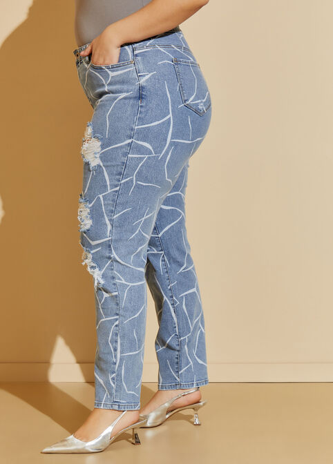 Distressed Printed Mom Jeans, Medium Blue image number 4