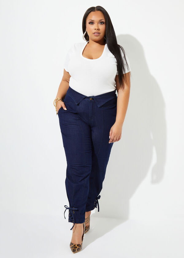 Foldover Lace Up Slouch Jeans, Dk Rinse image number 2