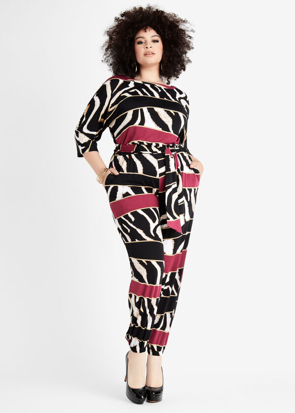 Belted Mix Print Jogger Jumpsuit, Rhododendron image number 0