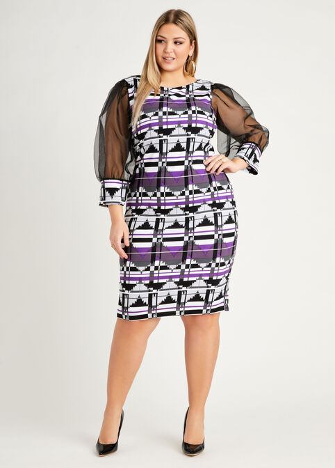 Abstract Sheer Sleeve V Back Dress, Purple image number 0
