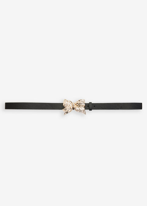 Bow Embellished Faux Leather Belt, Black image number 1