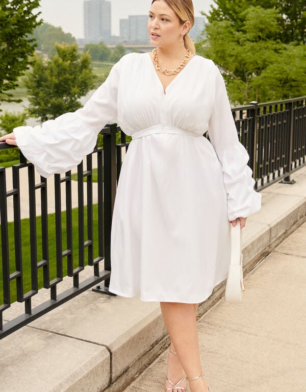 Bubble Sleeve A Line Dress, White image number 0