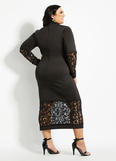Scuba & Lace Mock Neck Maxi Dress, Black image number 1