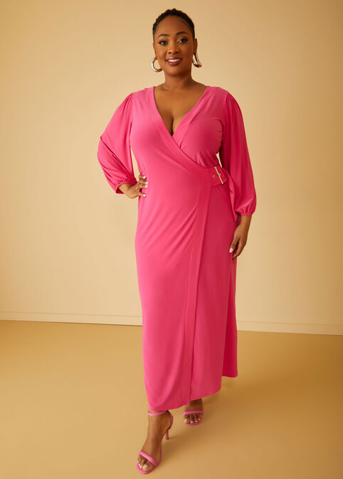 Stretch Knit Maxi Wrap Dress, Pink Peacock image number 3