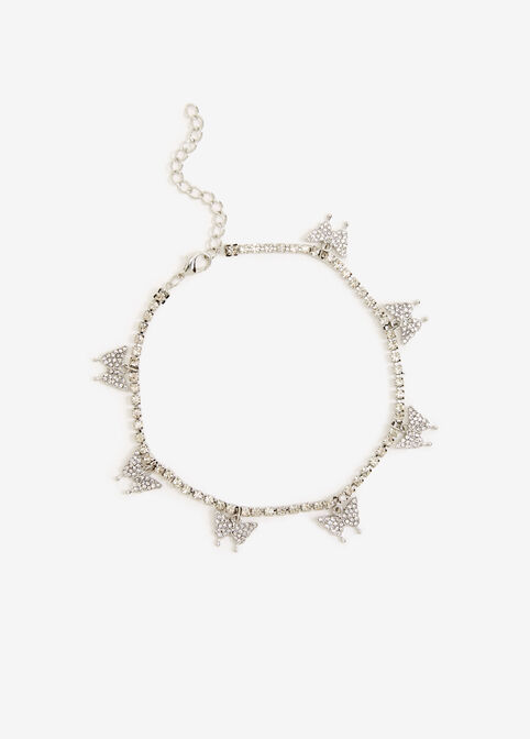 Rhinestone Butterfly Anklet, Silver image number 1