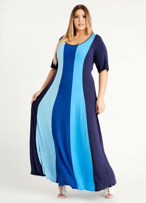 Plus Size Colorblock Stripe Stretch Knit Elbow Sleeve Maxi Dress image number 0