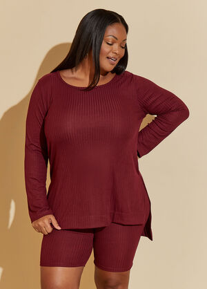Ribbed Lounge Long Sleeved Tee, Wine image number 0