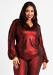 Metallic Ruched Sheer Sleeve Top, Chili Pepper image number 0