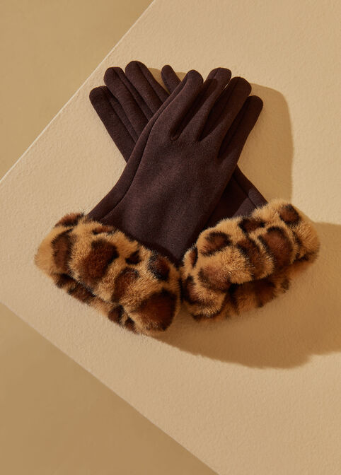 Animal Faux Fur Trimmed Gloves, Brown image number 3