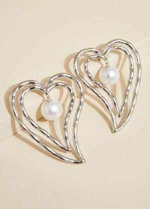 Heart Faux Pearl Earrings, Silver image number 1