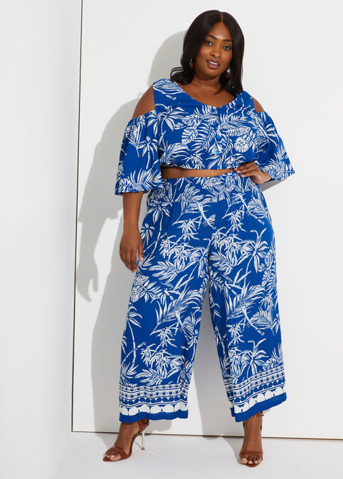 Tropical Print Wide Leg Pants, Lapis Blue image number 3
