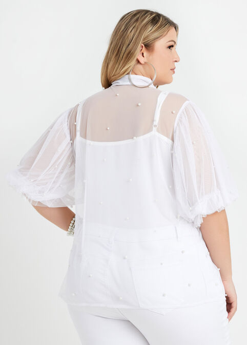 Pearl Mesh Tie Neck Puff Sleeve Top, White image number 1