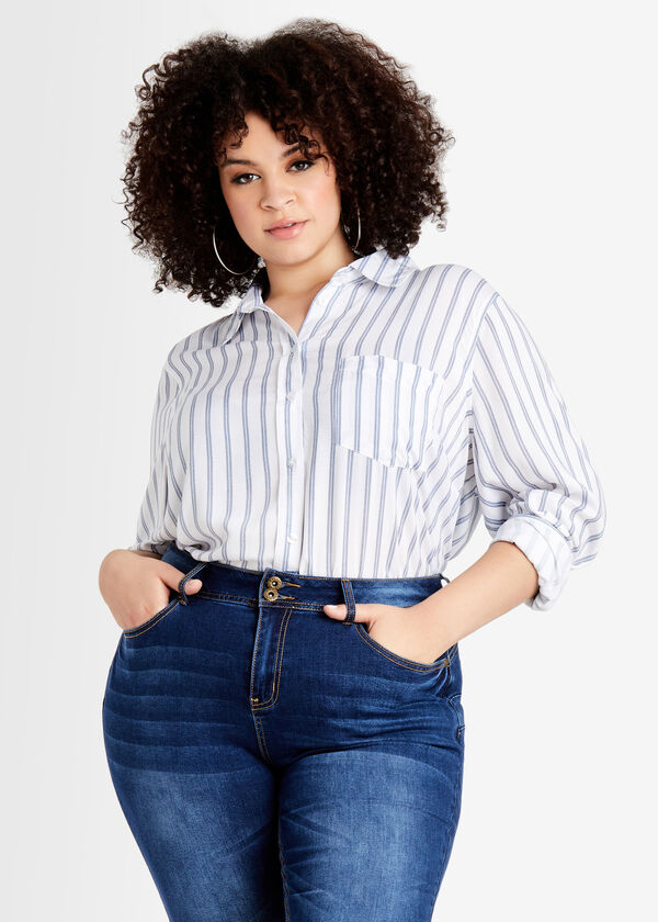 Double Stripe Hi Low Button Up Top, Blue image number 0