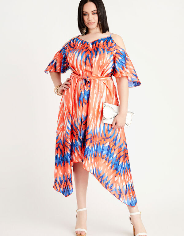 Cold Shoulder Stripe Print Dress, LIVING CORAL image number 0