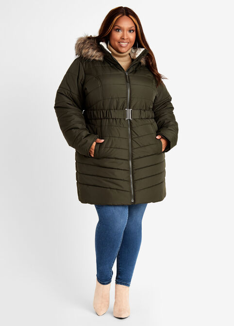Plus Size Faux Fur Lined Quilted Hooded Belted Zip Long Puffer Coat image number 0