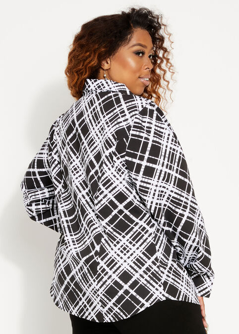 Tall Plaid Button Up Top, Black White image number 1
