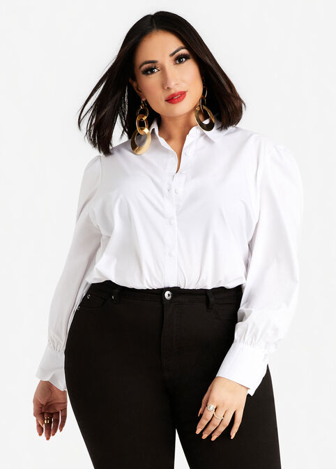 Puff Sleeve Button Up Bodysuit, White image number 0