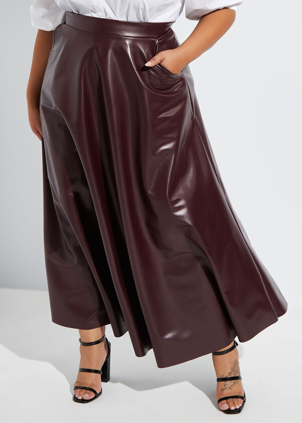 Faux Leather Maxi Skirt, Burgundy image number 0