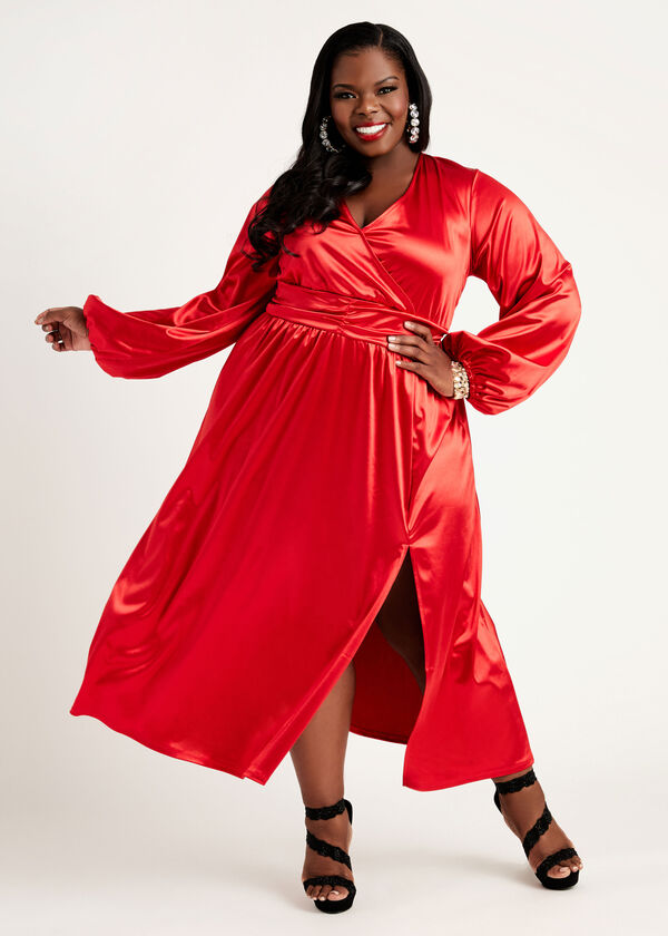 Faux Wrap Stretch Satin Maxi Dress, Barbados Cherry image number 0