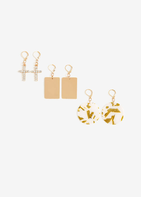 Gold Cross Trio Drop Earrings Set, Gold image number 0