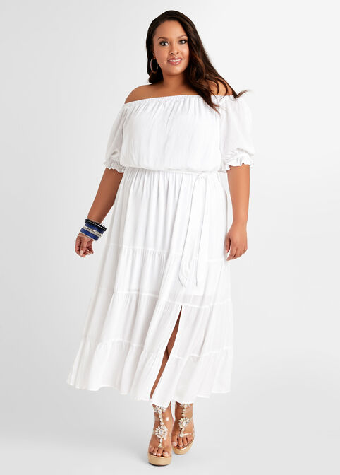 Tall Belted Off Shoulder Tier Maxi, White image number 0