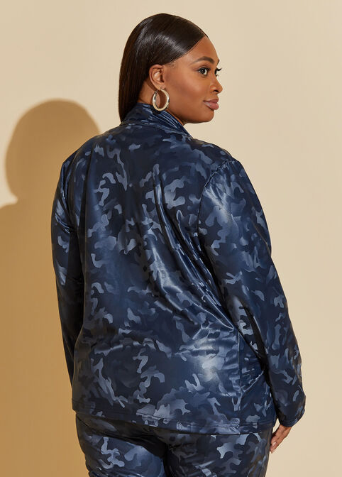 Camo Faux Leather Track Jacket, Navy image number 1