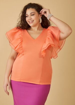 Ruffle Sleeved Top, LIVING CORAL image number 0