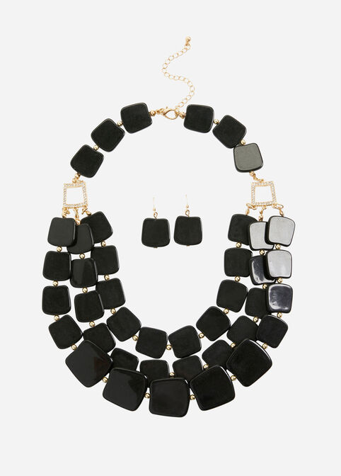 Geo Bead Necklace & Earring Set, Black image number 0