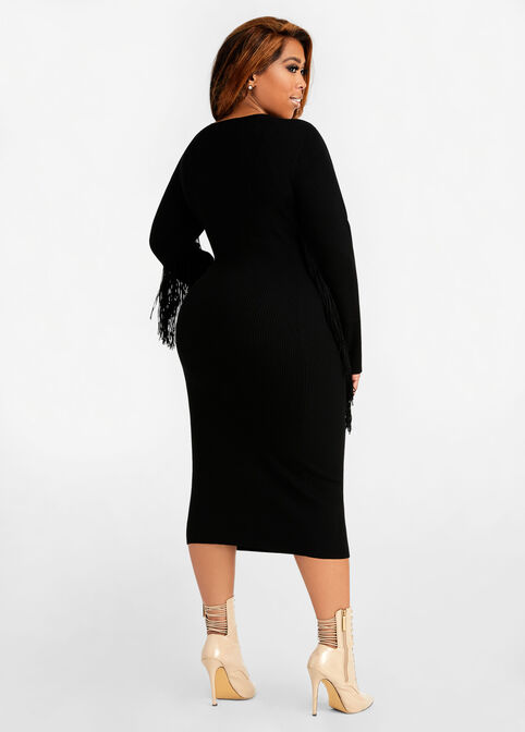 Fringe Sleeve Sweater Midi Dress, Black image number 1