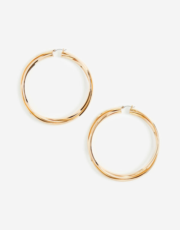 Gold Twisted Large Hoop Earrings, Gold image number 1