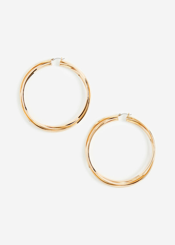 Gold Twisted Large Hoop Earrings, Gold image number 1