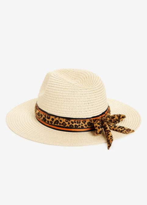 Leopard Trim Straw Panama Hat, Natural image number 1