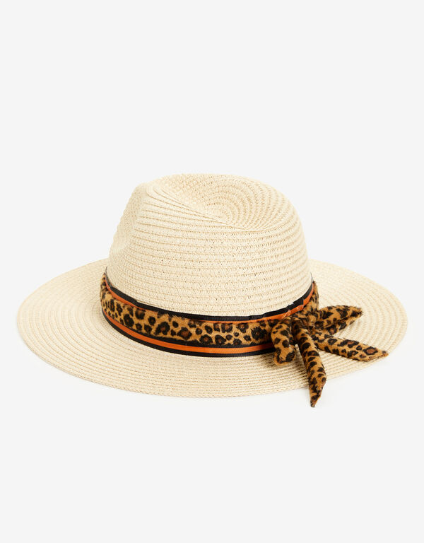 Leopard Trim Straw Panama Hat, Natural image number 1