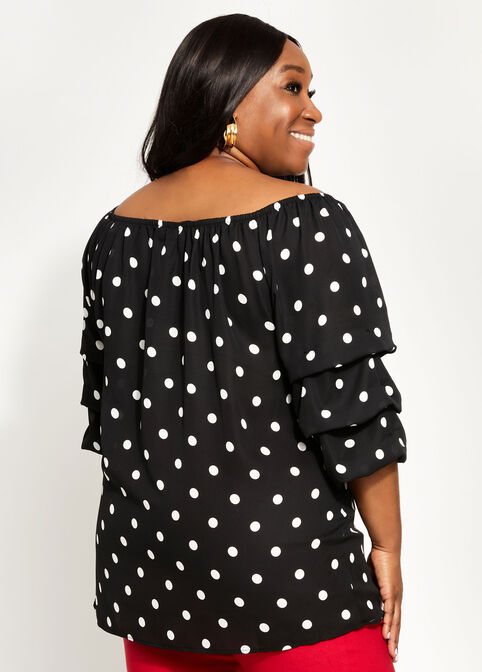 Dot Gather Sleeve Top, Black White image number 1